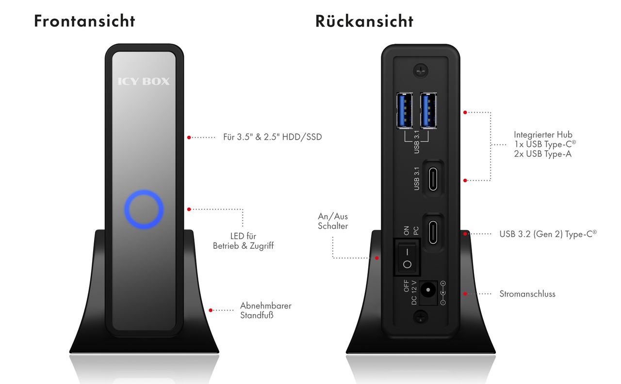 ICY BOX IB-382H-C31, Gehäuse für 1x HDD/SSD mit USB 3.2 (Gen 2) Type-CAnschluss und USB Hub