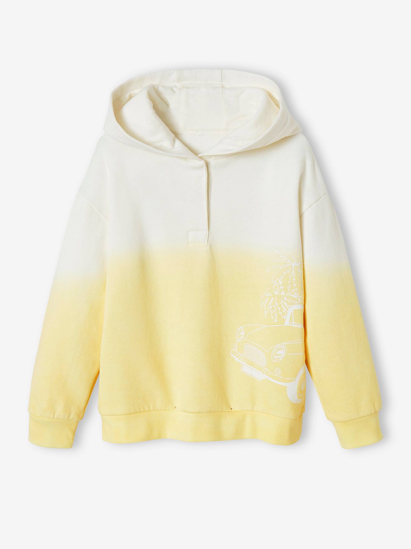 Sweat à capuche motif voiture garçon effet deep dye jaune pastel