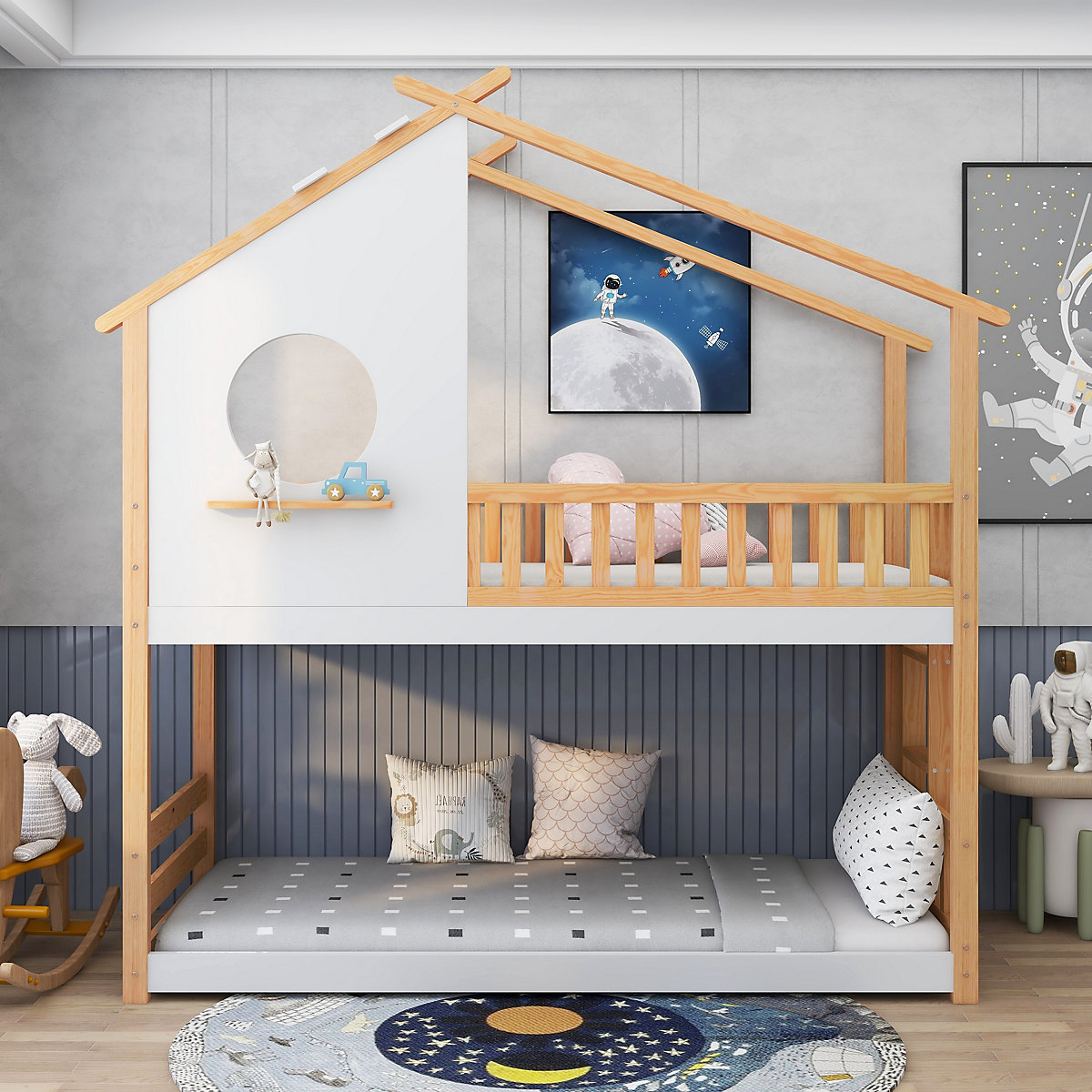 Etagenbett mit rechtwinkliger Leiter, Kinderbett, mit Fallschutz und Barriere, Rahmen aus Kiefernholz