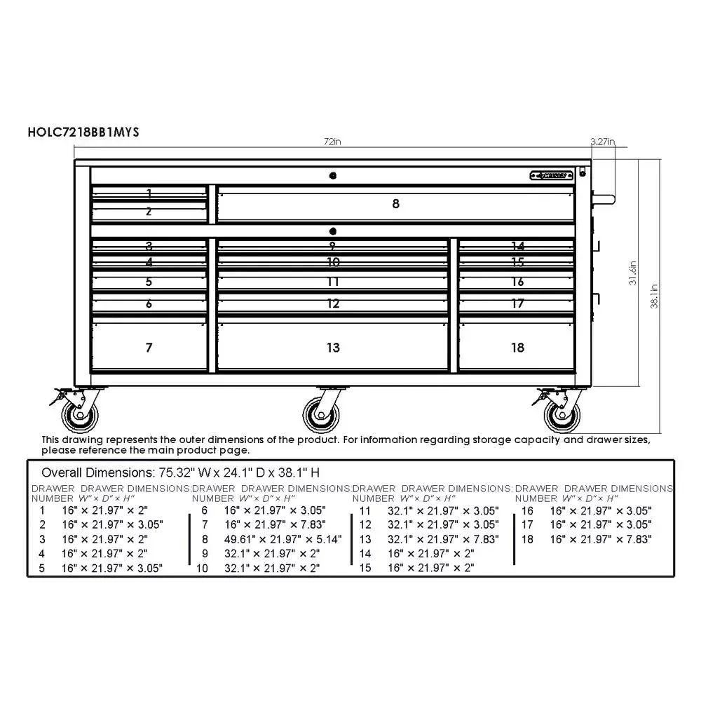Heavy duty 72 in. W 18 Drawer Deep Tool Box Mobile Workbench in Matte Black with Adjustable Height Hardwood Top