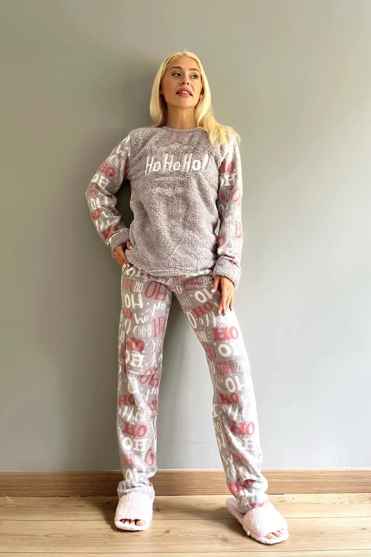 Pijamaevi  Graues Hoho-gemustertes Plüsch-Pyjama-Set für Damen