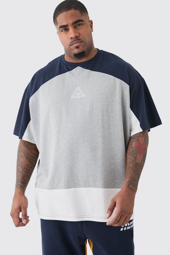 Plus Oversize Colorblock T-Shirt in Grau mit Logo
