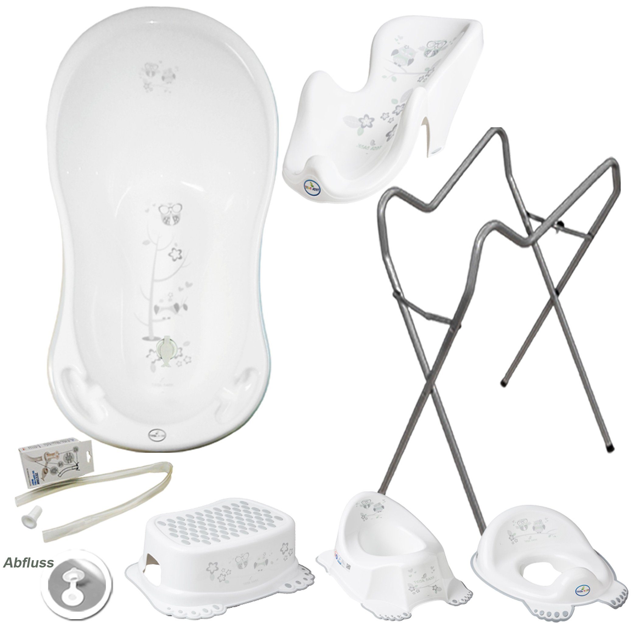 Tega-Baby Babybadewanne 6 Teile SET AB -EULE + Ständer Grau - Abflussset Baby Wanne, (Premium.set Made in Europe), Wanne+ Badesitz+ Töpfchen+ WC Aufsatz+ Hocker+ Ablauf Set+ Ständer