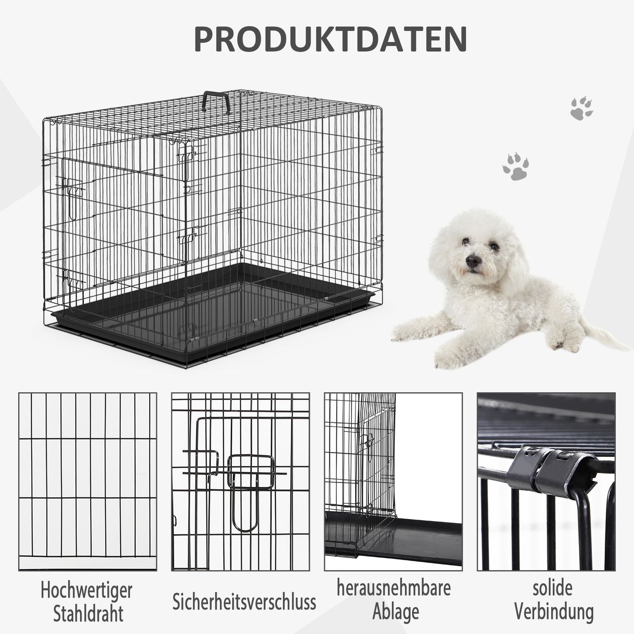 PawHut Hundekäfig Transportkäfig Drahtkäfig mit Gitter Schwarz 92 x 57 x 62,5 cm