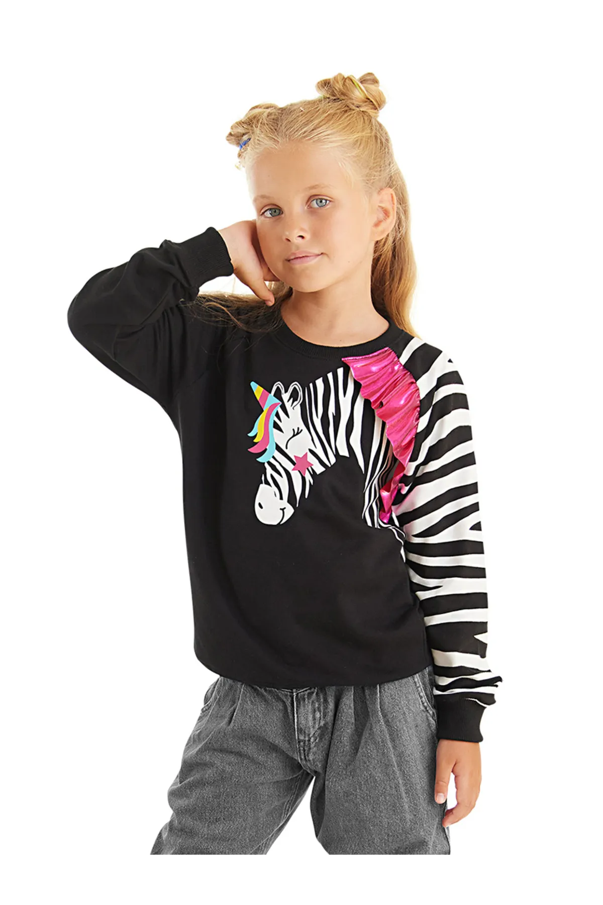 Denokids  Gerüschtes Zebra-Mädchen-Sweatshirt in Schwarz