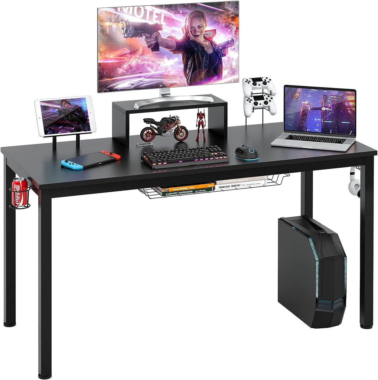 Costway COSTWAY 140cm Gaming Tisch mit Monitorablage, Groß Gamer Schreibtisch