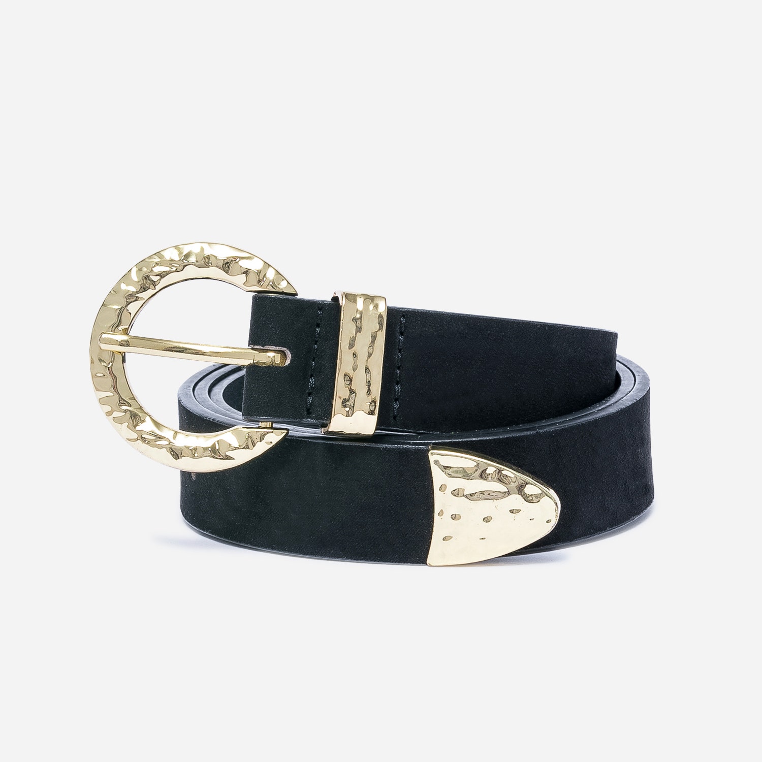 Ceinture noire avec boucle dorée martelée