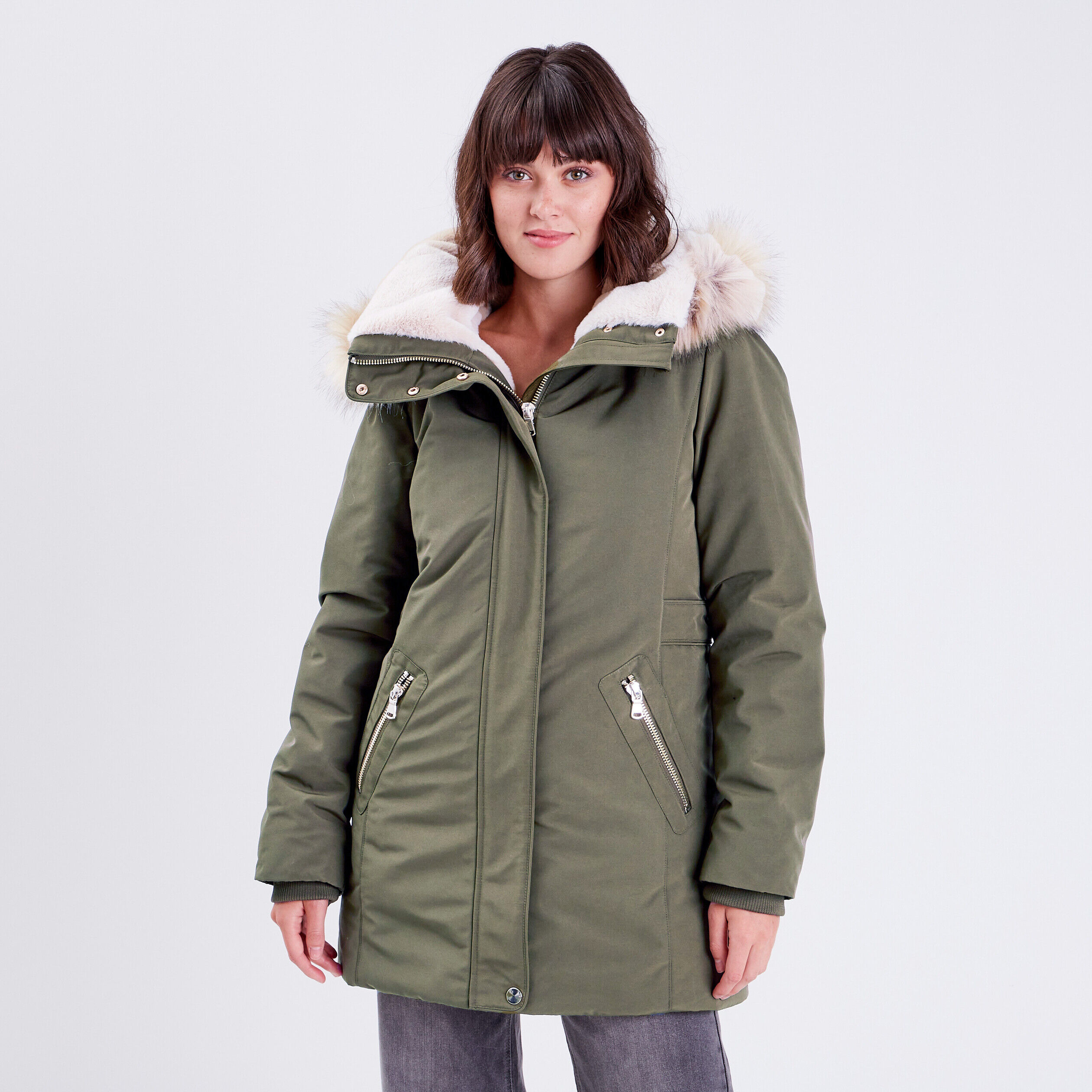 Parka droite avec capuche vert kaki femme | Cache Cache