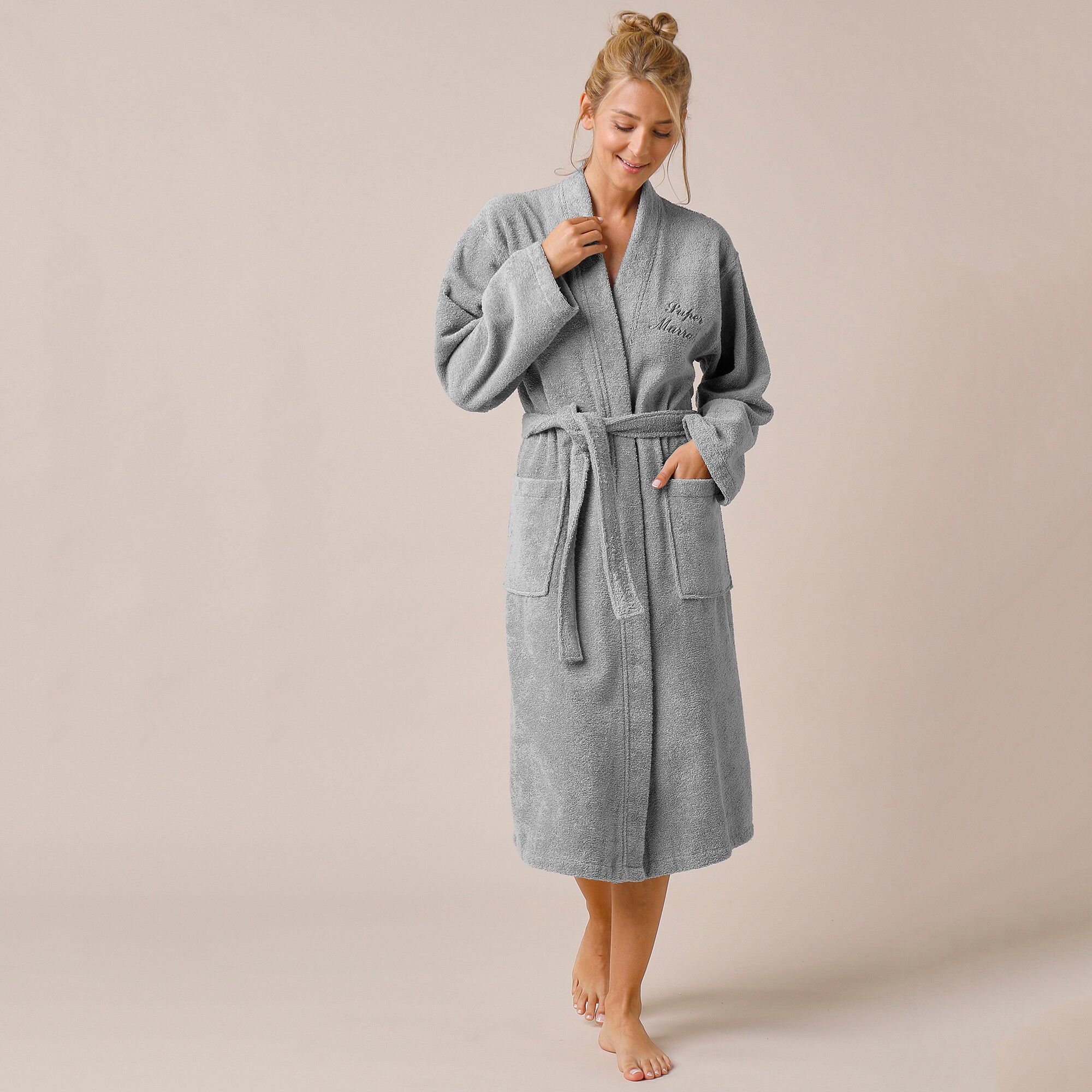 Peignoir mixte adulte uni coton éponge bouclette col kimono personnalisé