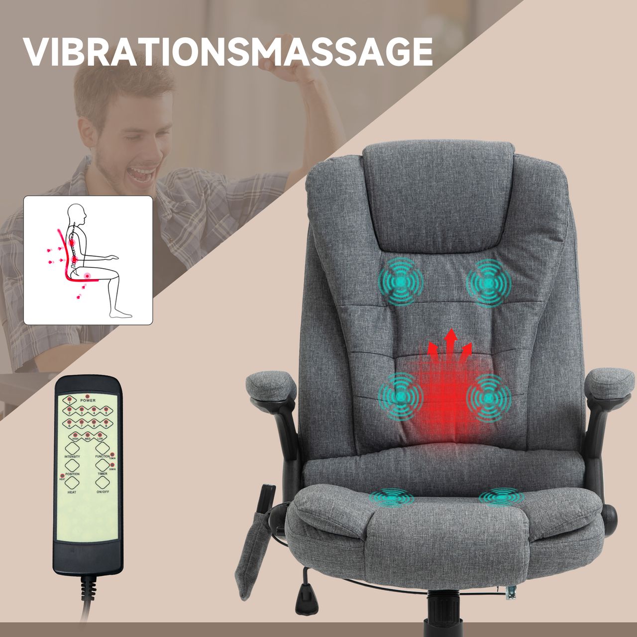 Vinsetto Massagesessel Chefsessel mit Massagefunktion höhenverstellbarer Drehstuhl ergonomischer Gamingstuhl Bürostuhl massage Dunkelgrau 68 x 72 x 110–120 cm