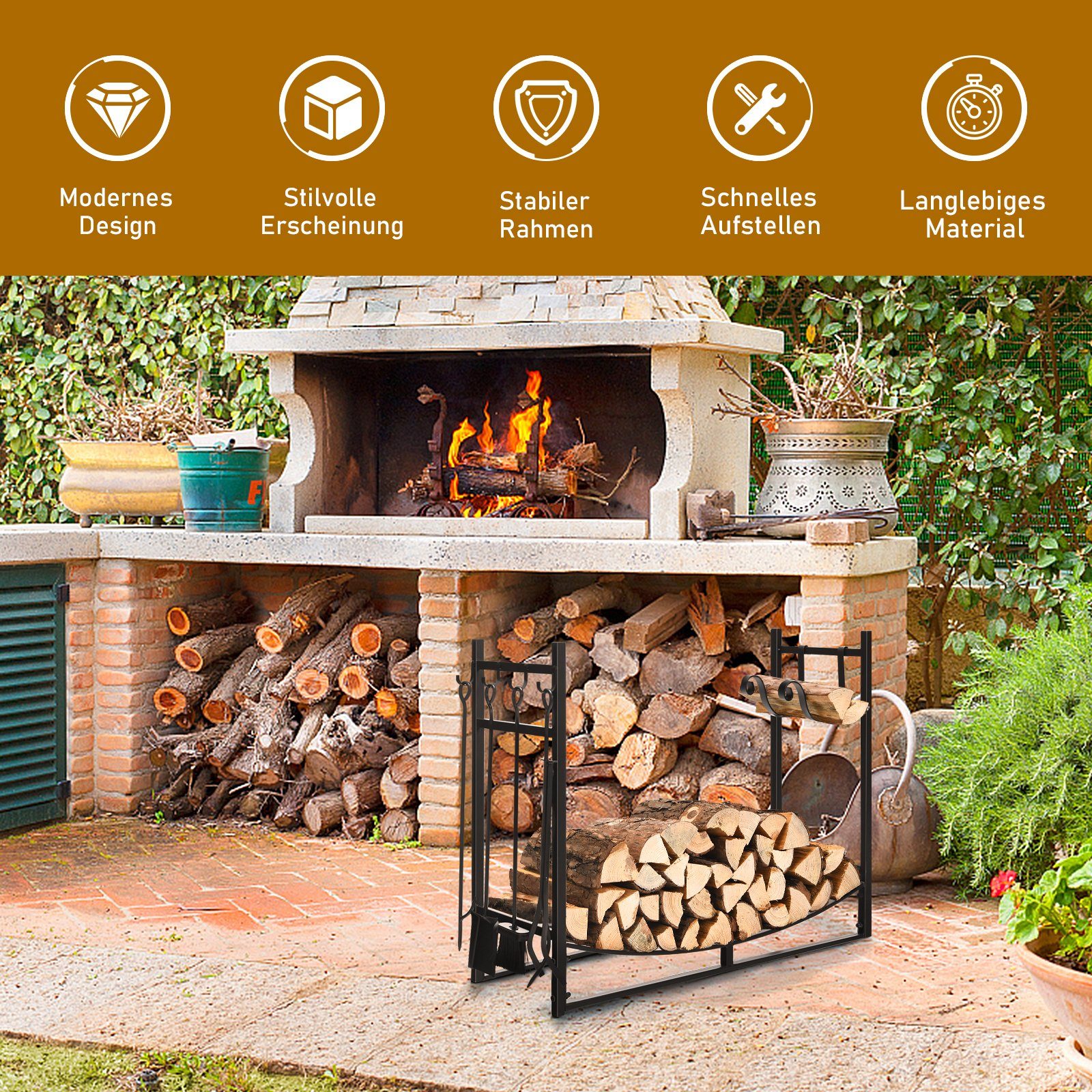 COSTWAY Kaminholzregal, BxTxH:33x90x76 cm, mit 4 tlg. Kaminbesteck Set
