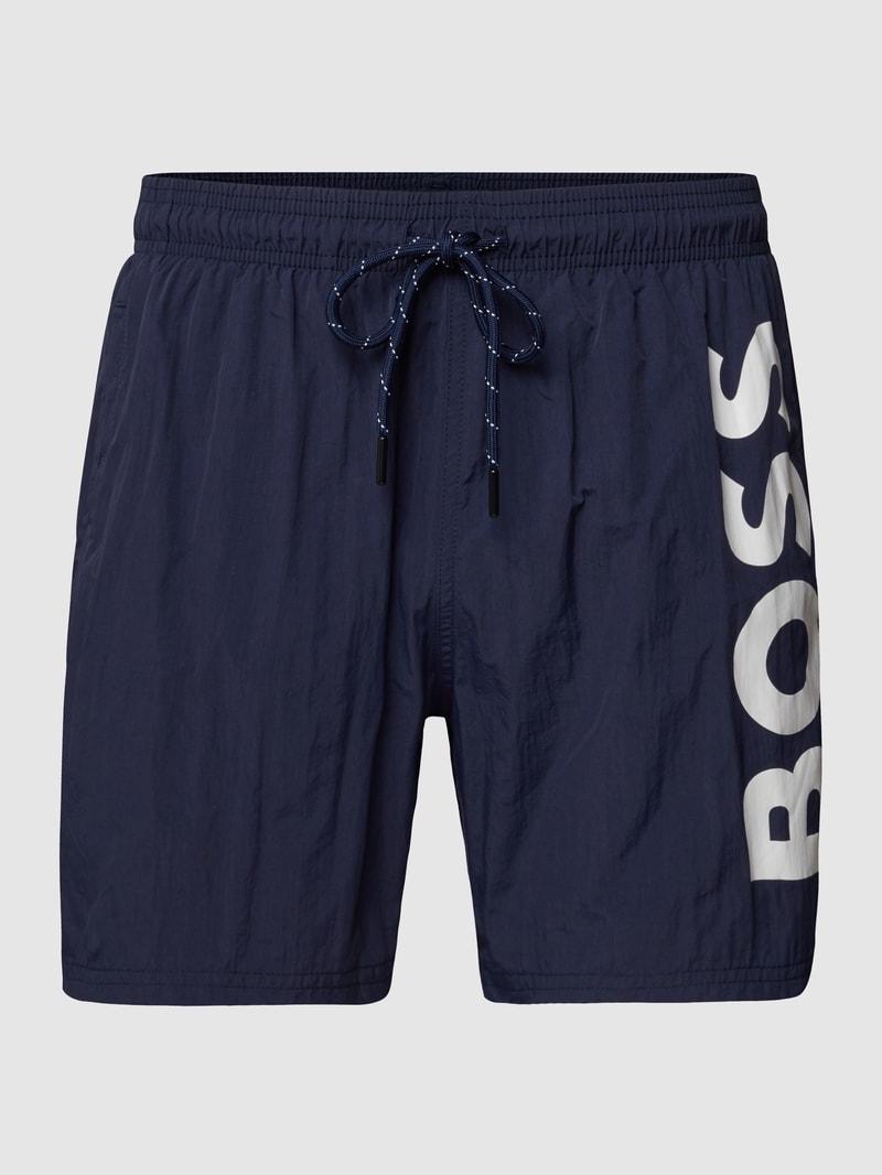 Badehose mit Label-Print Modell 'Octopus' in dunkelblau