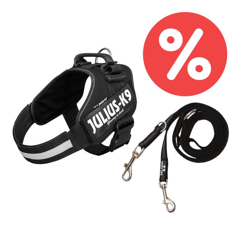 Sparset JULIUS-K9 IDC-Powergeschirr schwarz + Doppel-Führleine