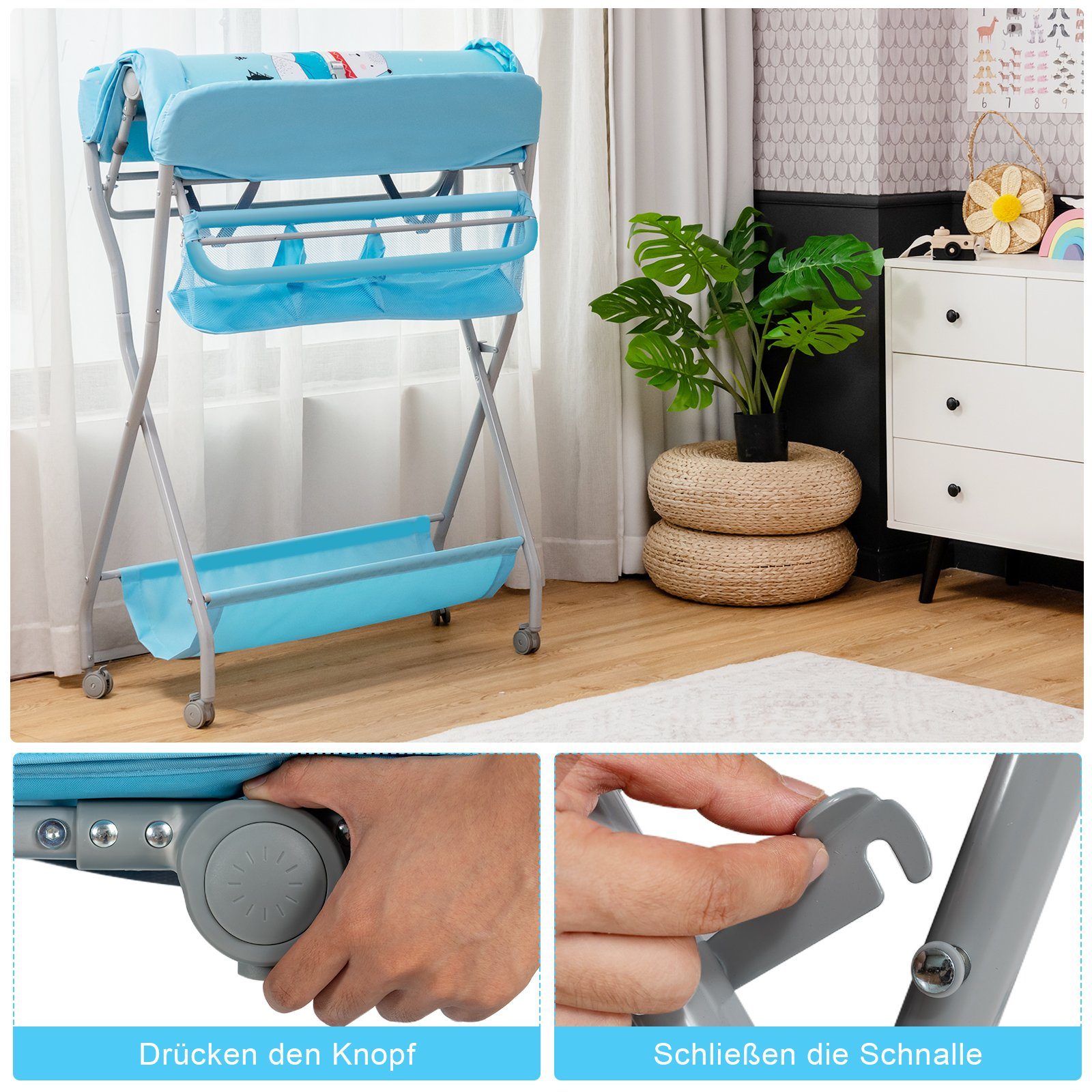 COSTWAY Wickeltisch, klappbar & rollbar, mit Sicherheitsgurt, bis 11kg
