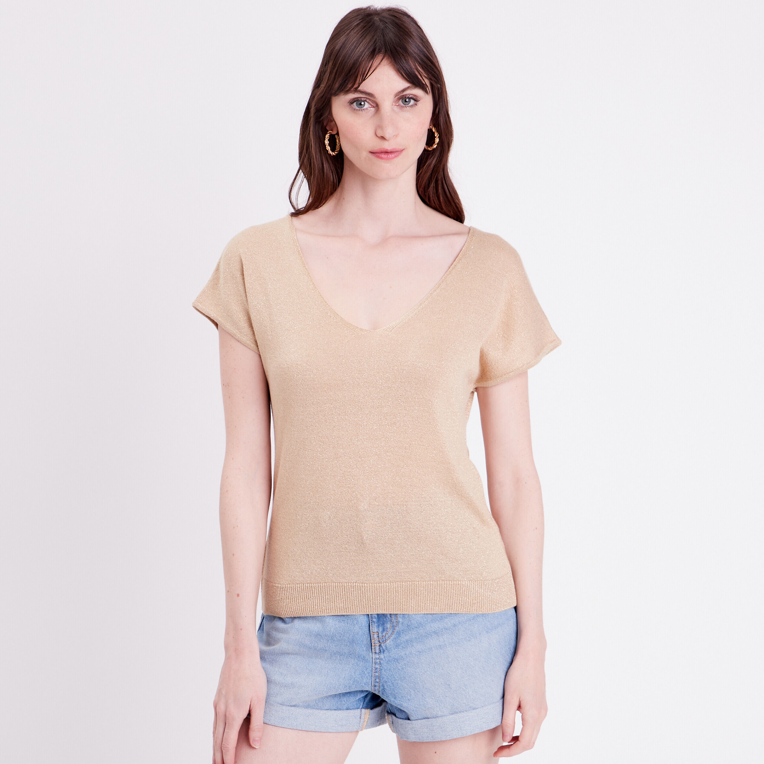Pull col en V dos ouvert sable femme | Cache Cache