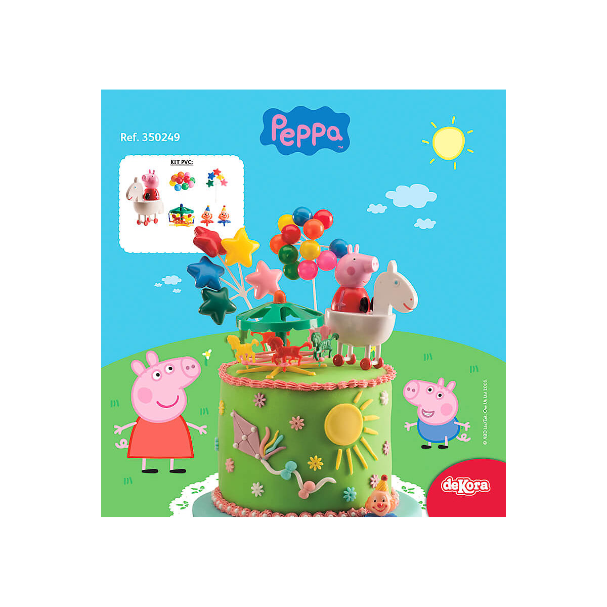 Tortendeko Set Peppa Pig auf einem Pferd mit vielen Ballons