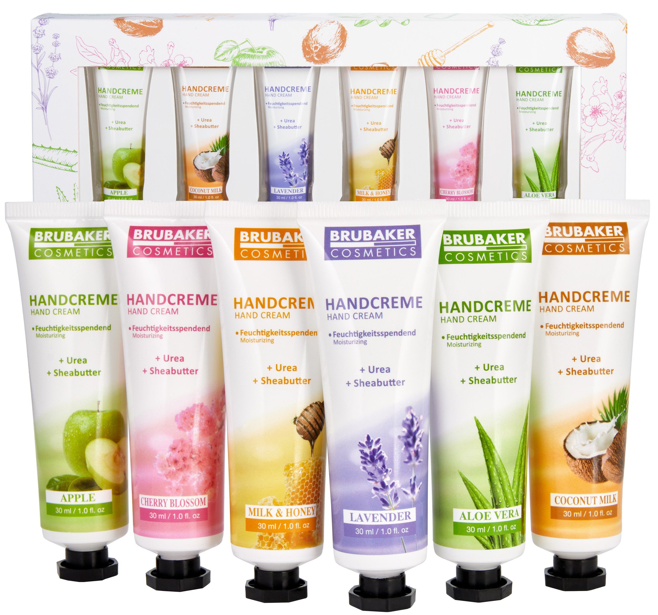 BRUBAKER Handcreme Pflegecreme Geschenkset für trockene raue rissige Hände - Hand Cream Feuchtigkeitscreme mit Urea und Sheabutter - Geschenk Set für Frauen und Männer, 6-tlg., feuchtigkeitsspendende Handpflegecreme Handpflege