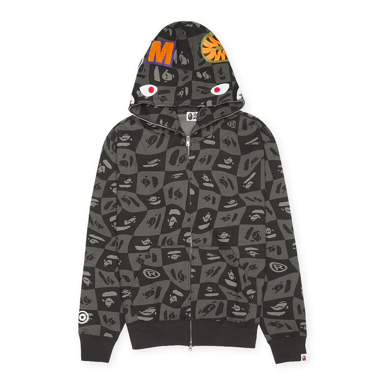 A Bathing Ape Bape Distortion Shark Relaxed Fit Full Zip Hoodie M black