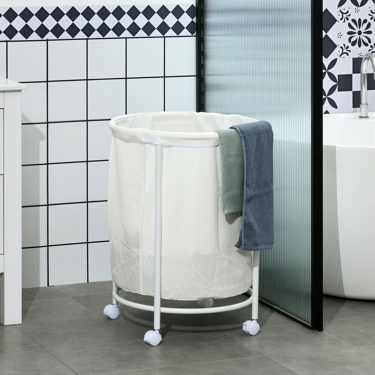 HOMCOM Wäschekorb 100L Wäschesammler mit Rollen Stahlrahmen für Badezimmer Creme