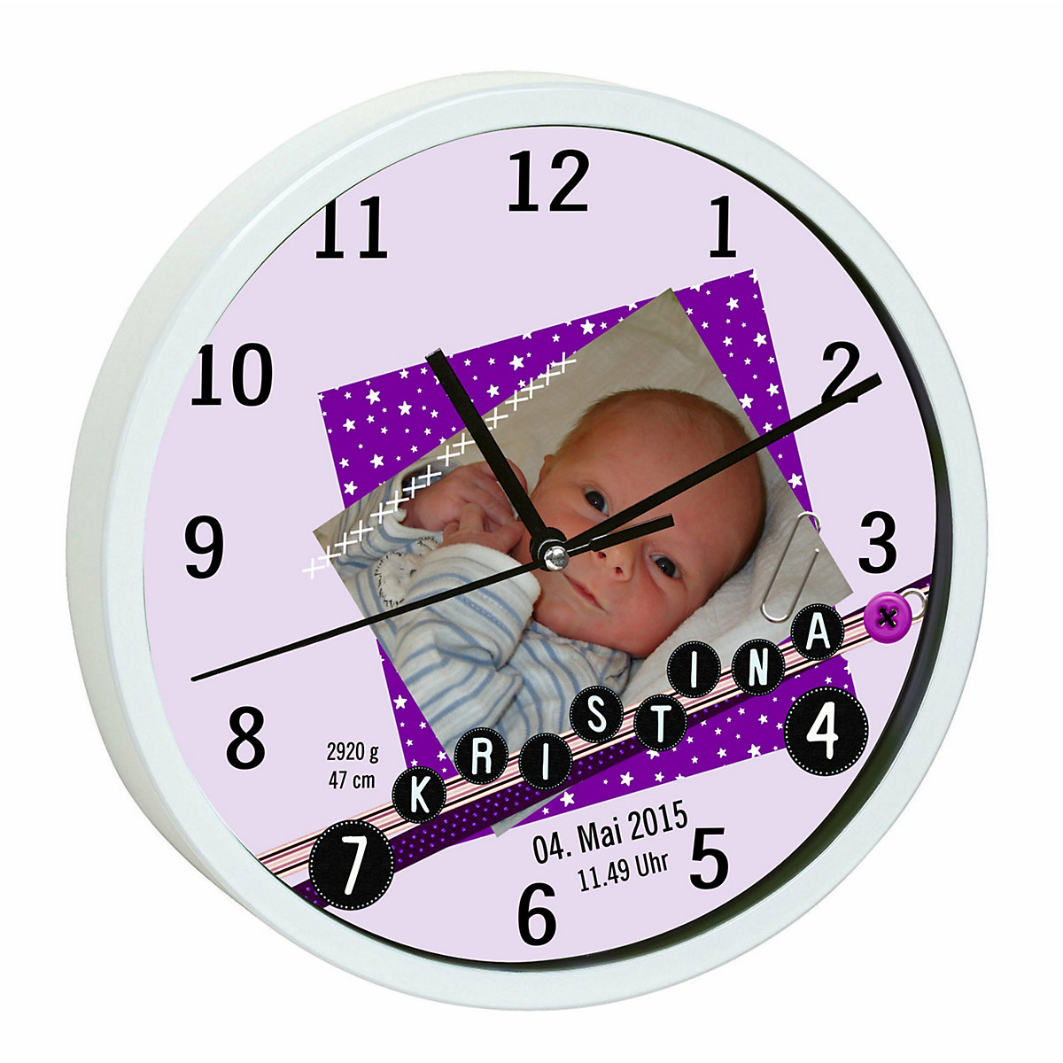 Kinder Wanduhr personalisiert mit Name Scrapbooking lila
