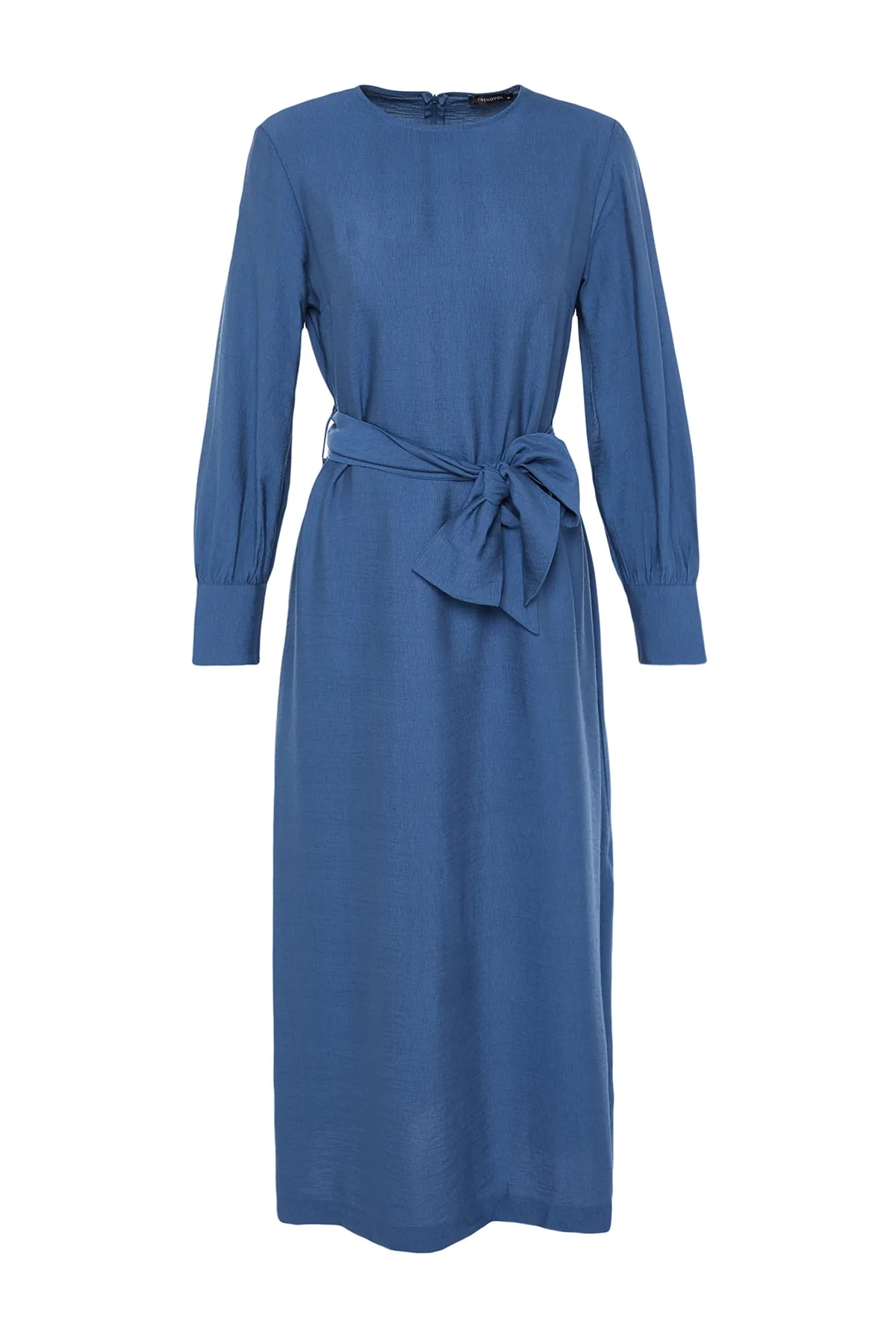 Trendyol Modest  Indigofarbenes, gewebtes Kleid in Leinenoptik mit breitem Gürtel, Reißverschluss und Bündchen TCTSS23EB00219