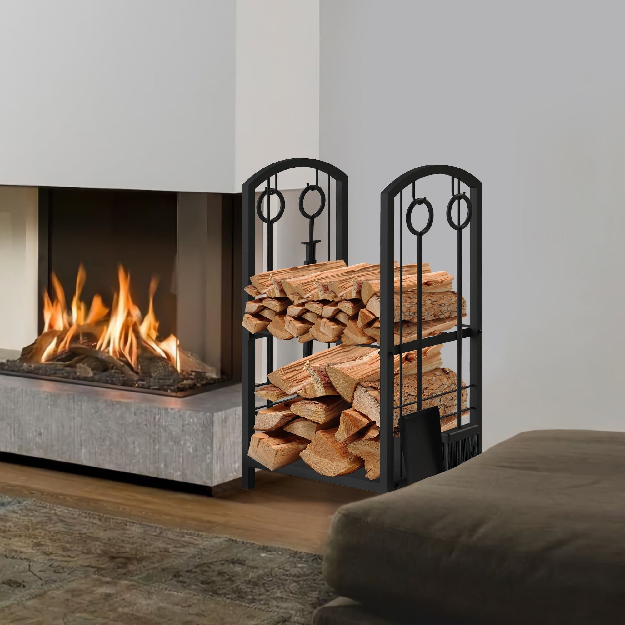 DanDiBo Kaminholzregal Kaminholzregal Metall Schwarz 72 cm mit Kaminbesteck Kaminholzständer
