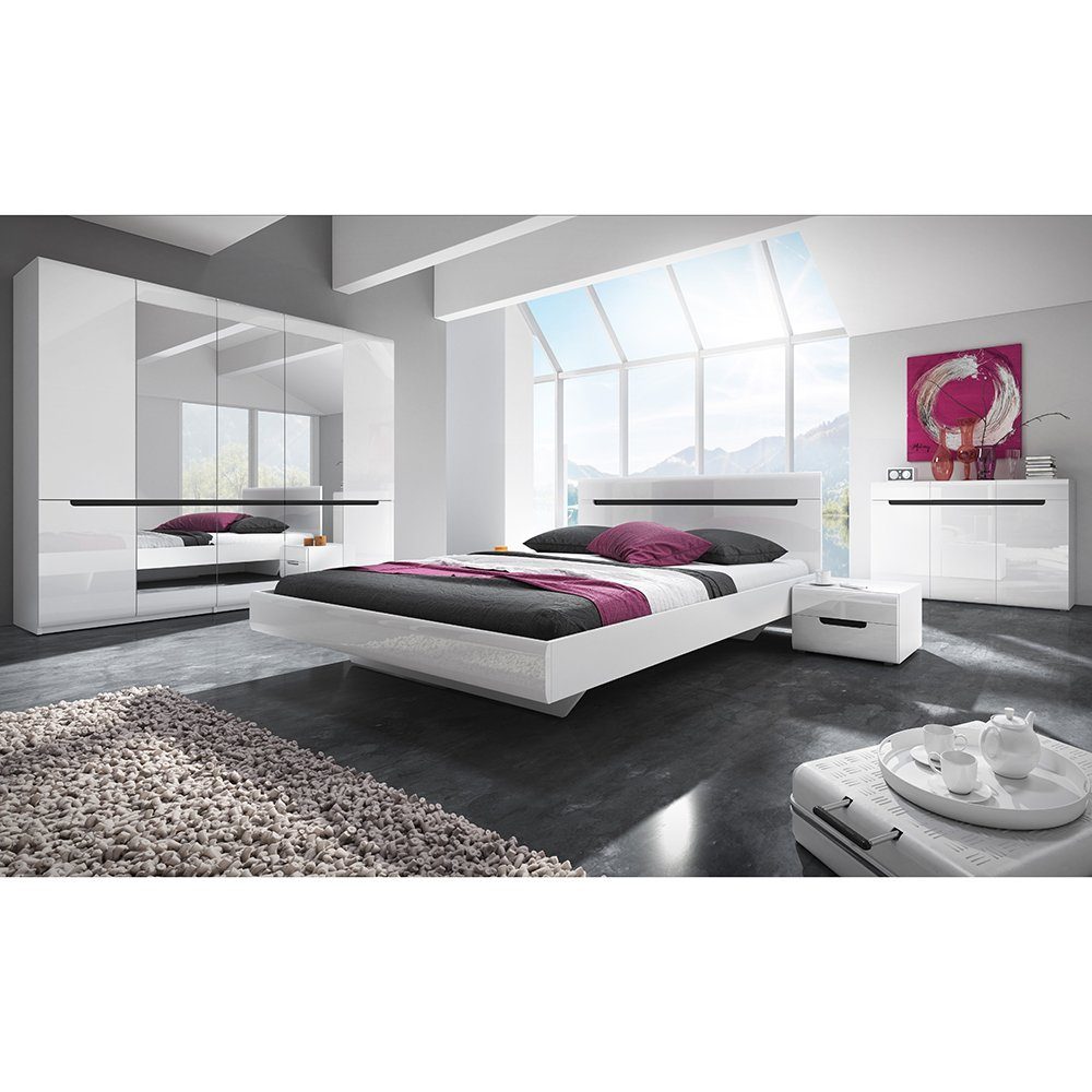 Lomadox Schlafzimmer-Set HERNING-83, (Spar-Set, 5-St), mit 160cm Bett in weiß mit weiß Hochglanz und schwarz