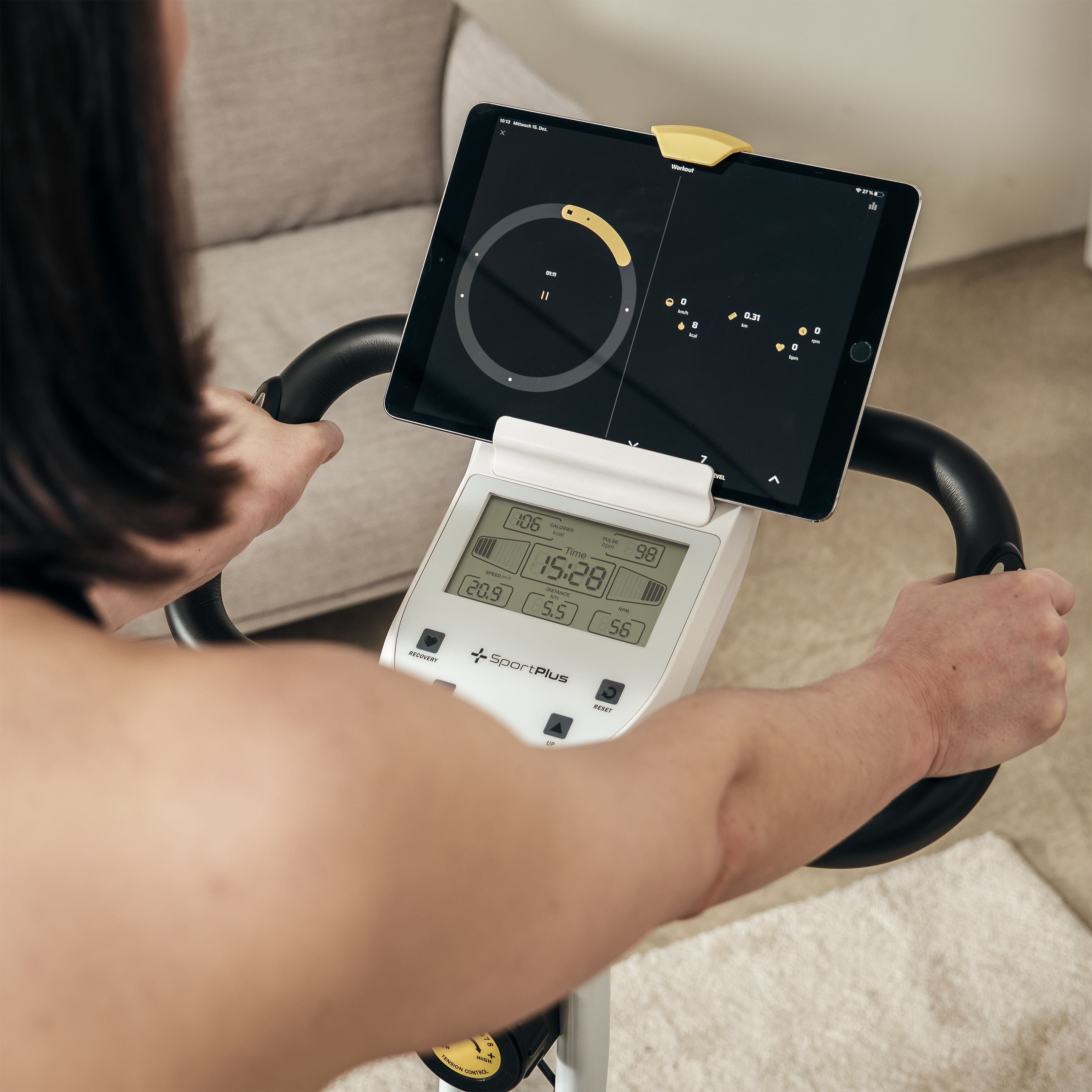 SportPlus Heimtrainer SP-HT-1300-W-iE, Heimtrainer, X-Bike, klappbar für Zuhause, Rückenlehne, 8 Stufen