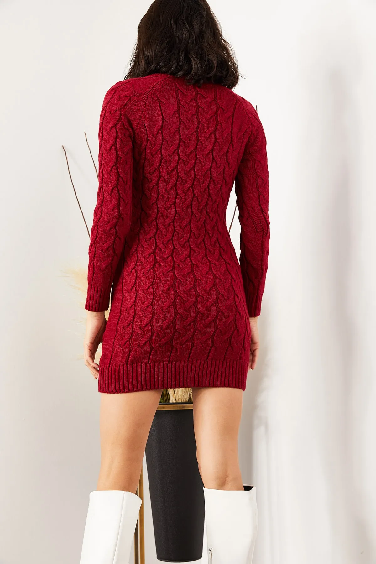 Olalook  Burgunderrotes geflochtenes Strickkleid mit Reißverschluss für Damen ELB-19001362