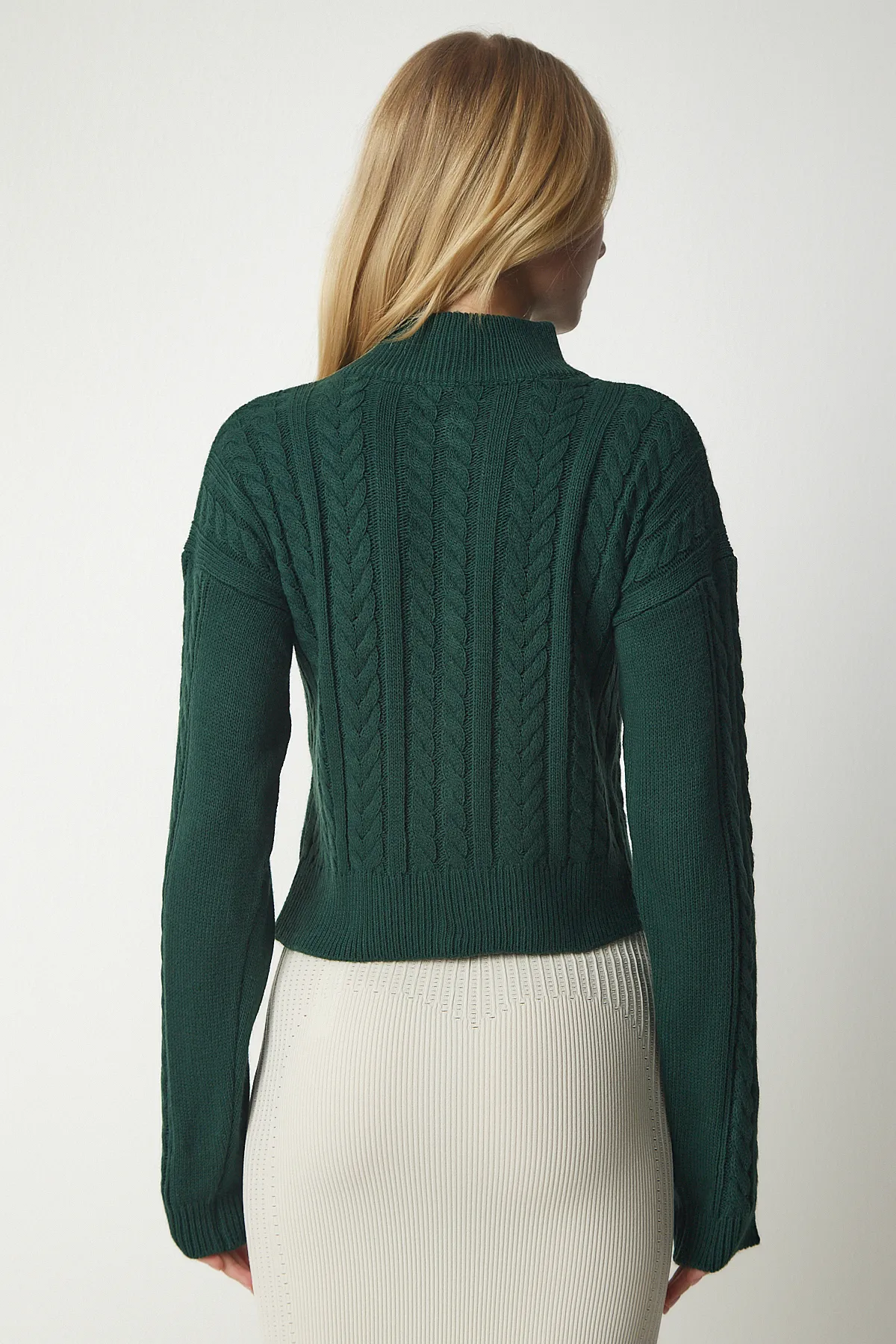 Happiness İstanbul  Smaragdgrüne Strickjacke mit Reißverschluss und Netzmotiv für Damen YY00174