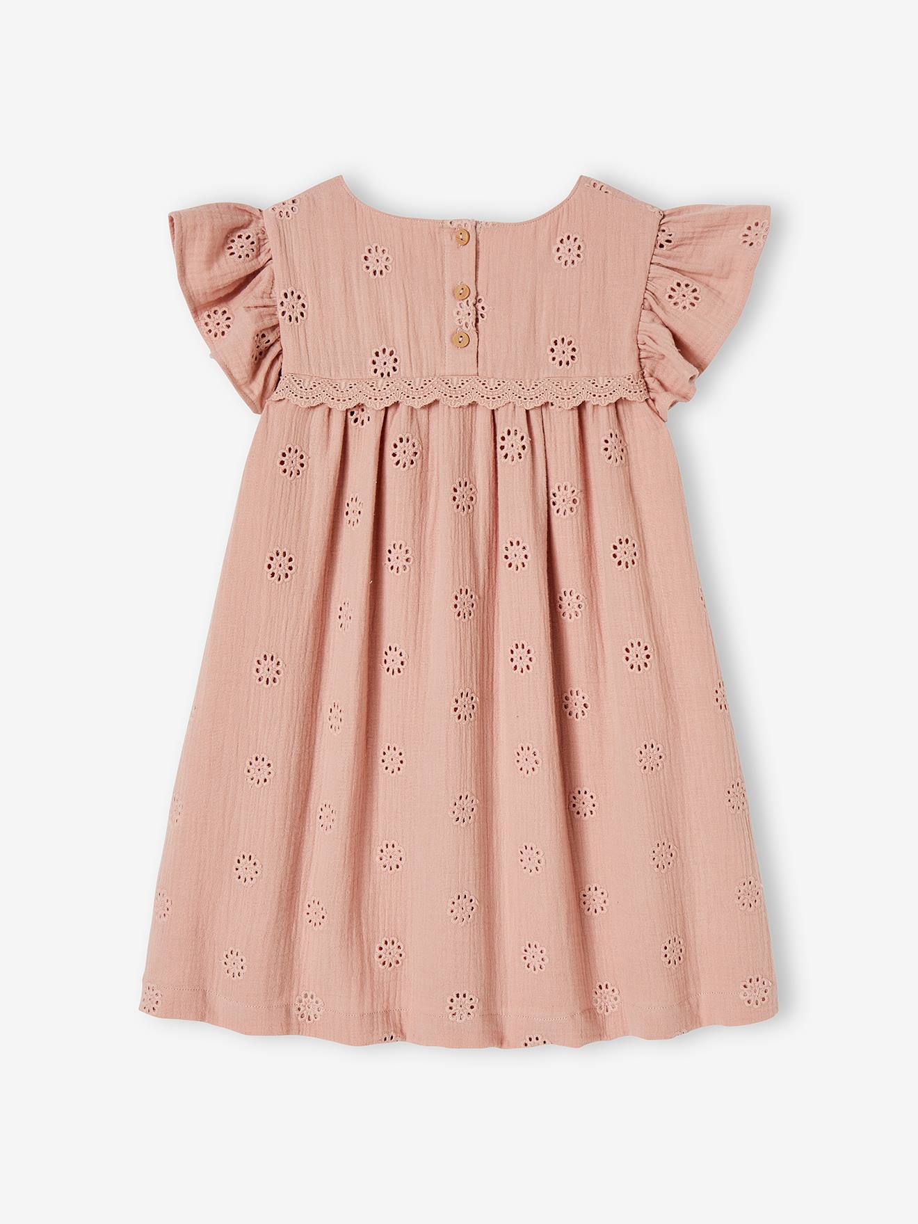 Robe en gaze de coton brodée fleurs fille rose poudré