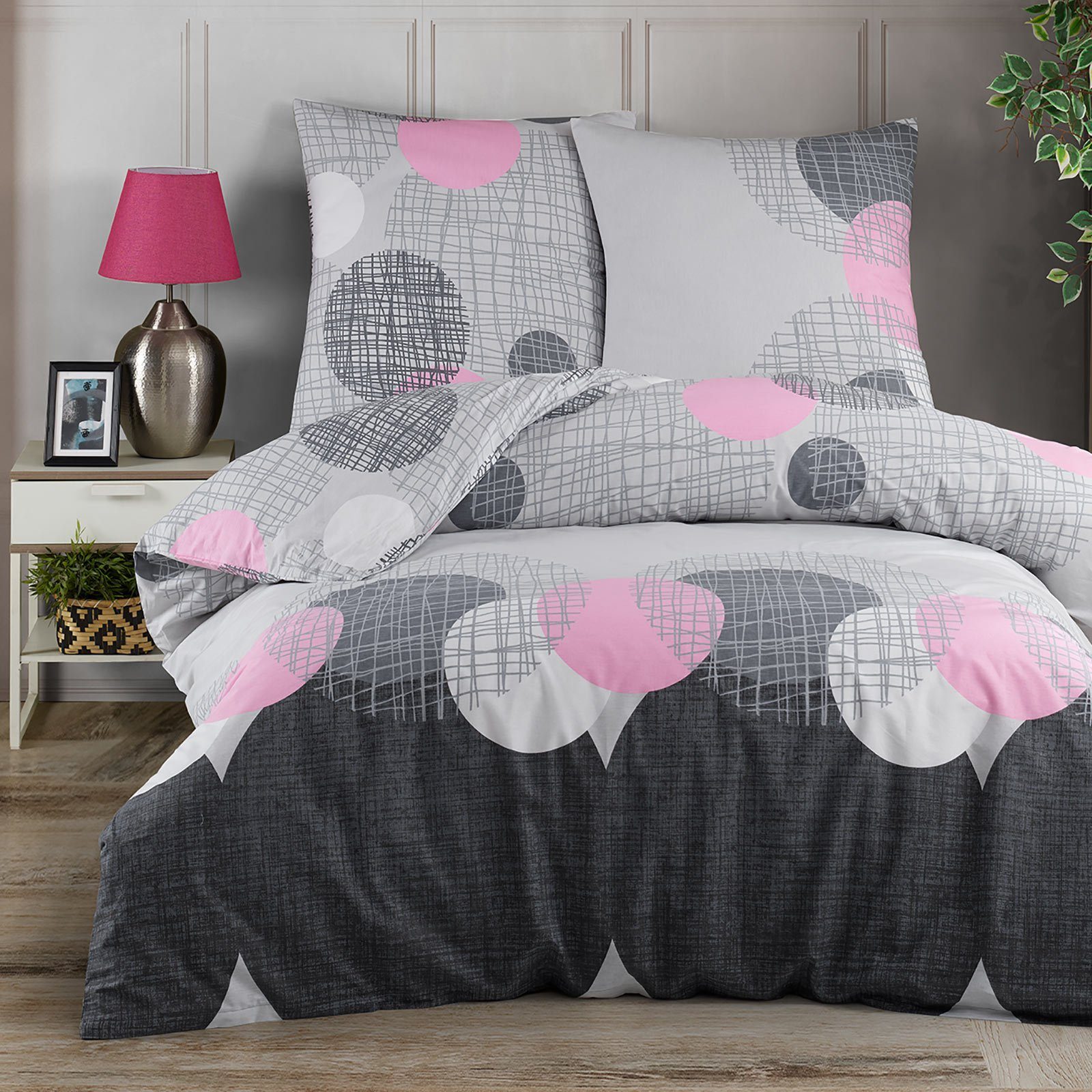 Bettwäsche, Buymax, Renforcé, 2 teilig, 100% Baumwolle Renforce Kissenbezug 80x80 cm mit Reißverschluss Kreise Muster, Grau Rosa