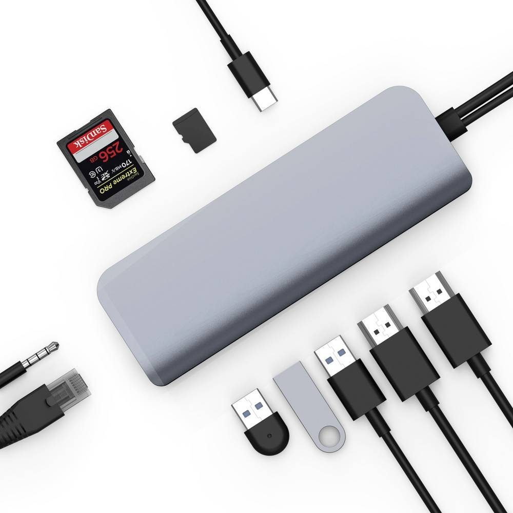 Hyper Laptop-Dockingstation VIPER 10-in-2 USB-C Hub Grey, integrierter Kartenleser