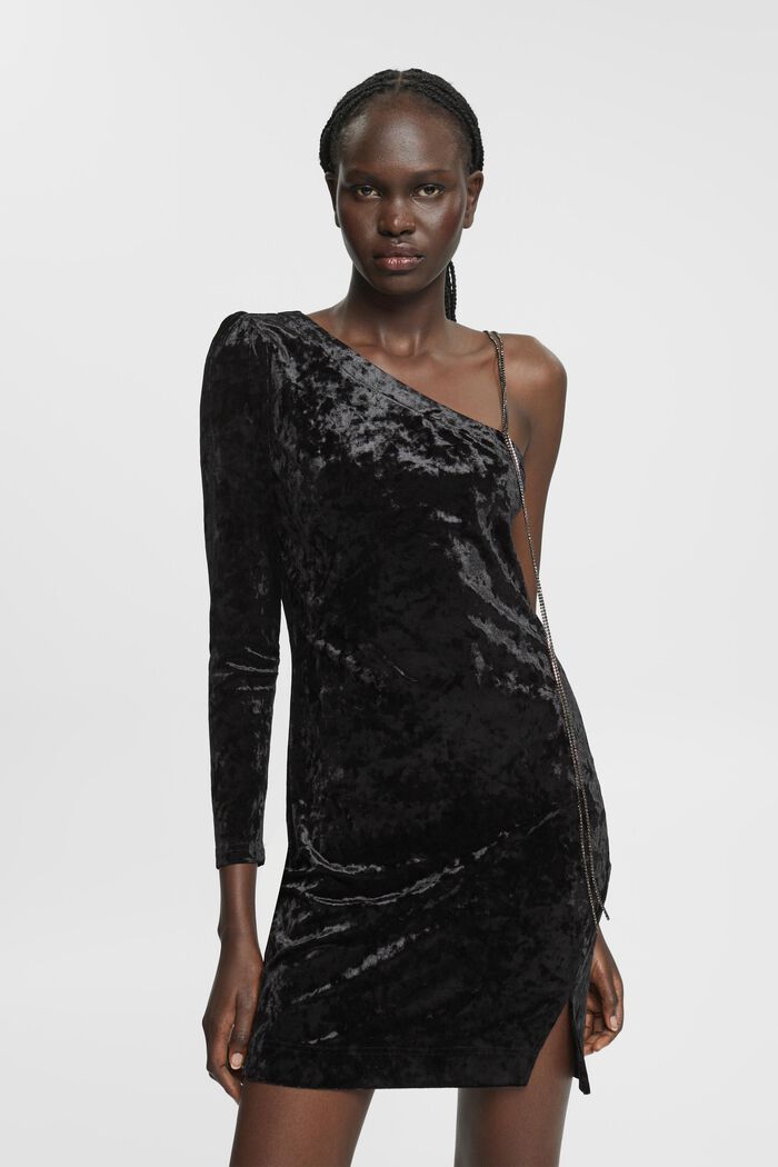 Samtkleid im One-Shoulder-Design mit Kettenträger