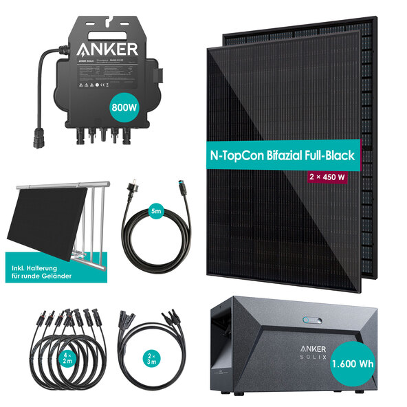 Bifaziales Balkonkraftwerk 900W / 800W inkl. Speicherbatterie und Wandhalterung für Geländer rund