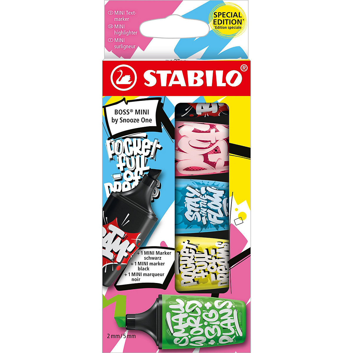 Textmarker BOSS MINI by Snooze One, 5 Farben (pink, blau, gelb, grün, schwarz)