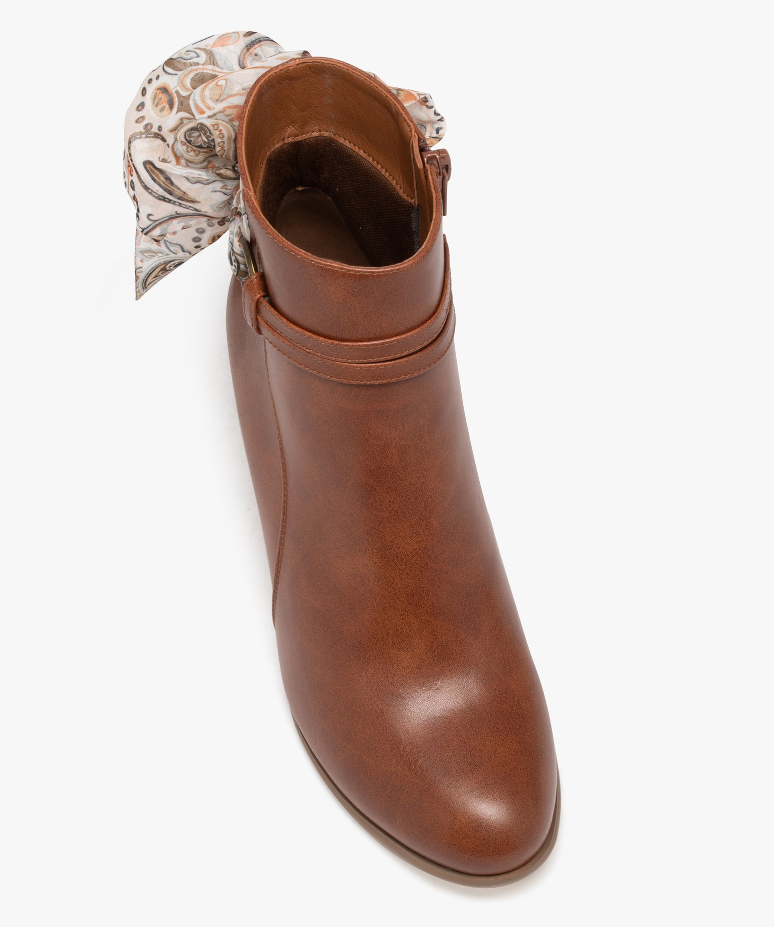 Boots femme à talon avec dessus uni et bride foulard camel | GEMO
