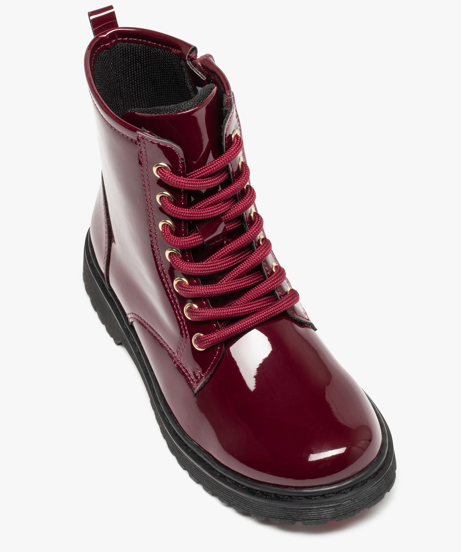 Boots fille vernies à lacets et zip style rangers rouge fonce | GEMO