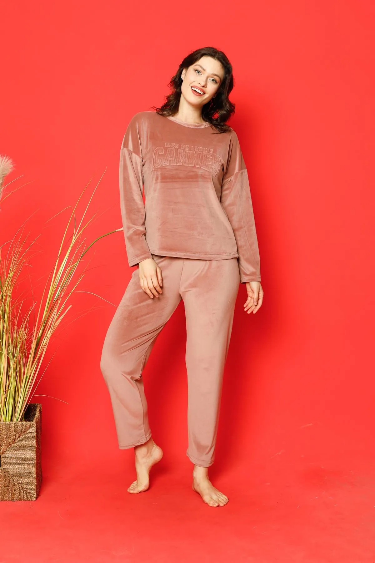 AHENGİM  Damen-Pyjama-Set aus französischem Samt, Cannes-Pyjama mit geprägten Beinen, für den Winter, saisonal, W205212287