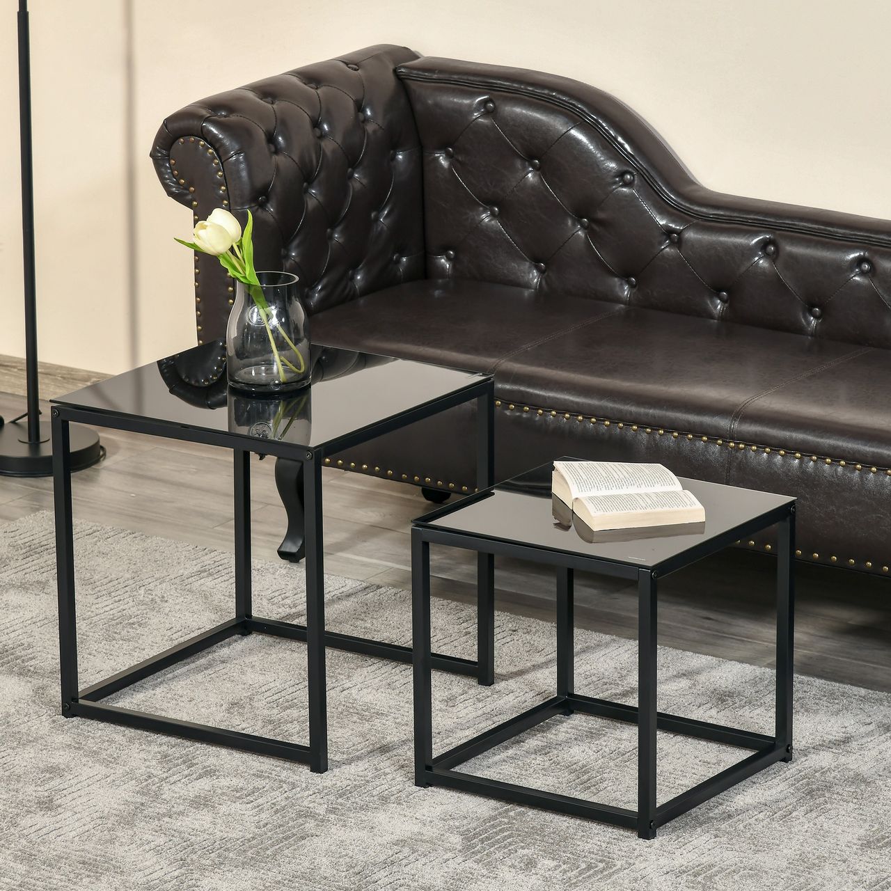 HOMCOM Beistelltisch 2er-Set, Couchtisch-Set, Kaffeetisch mit Glastischplatte