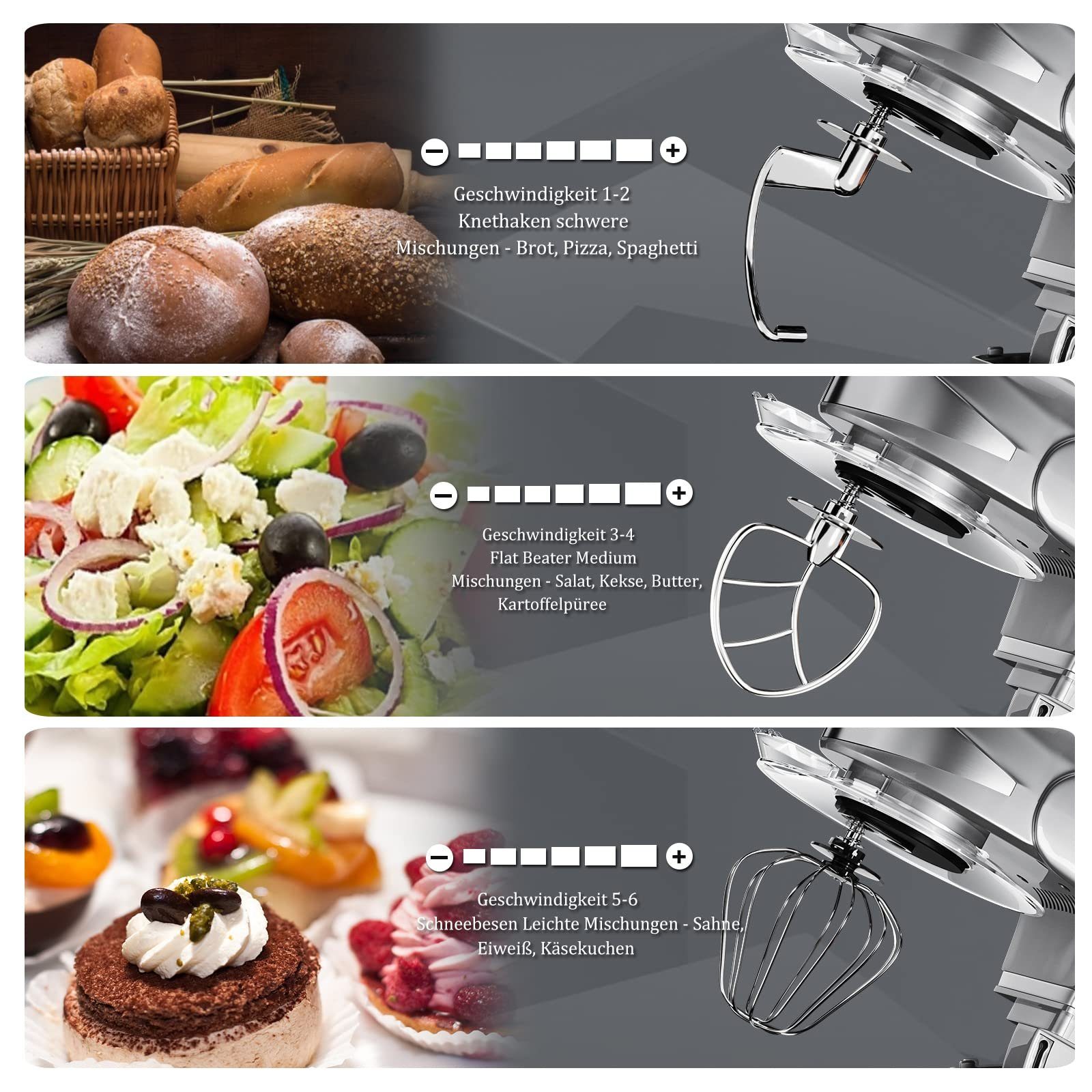 HOMELUX Küchenmaschine Multifunktional Knetmaschine mit 6 Geschwindigkeit, 2000,00 W, 5,00 l Schüssel, inkl 3-Teiligem Patisserie-Set und Spritzschutz, Edelstahlschüssel