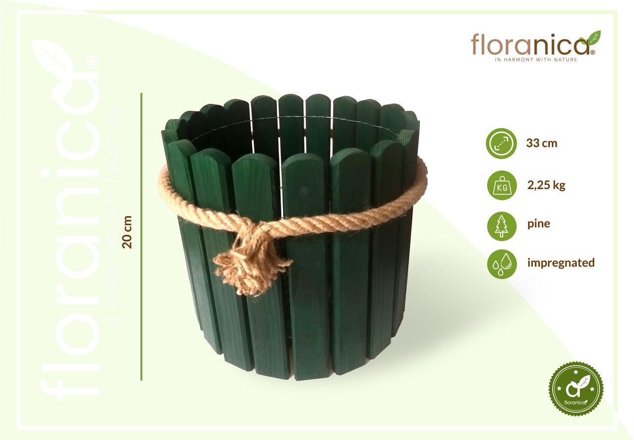 Pemicont Floranica Runder Blumentopf aus Holz 33x20cm Grün Imprägnierte Kiefer Schutzhülle für Kräuter Blumen Haus- und Gartendekoration Truhe Innen- und Außeneinsatz EU-Produkt