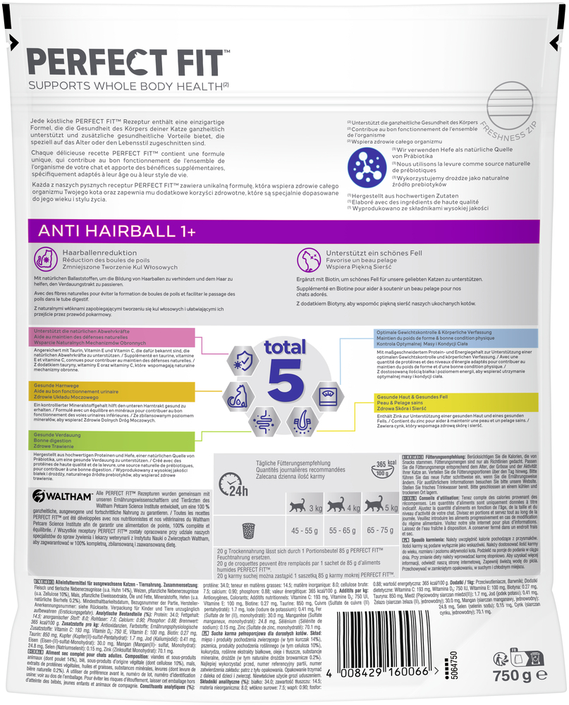 PERFECT FIT Trockenfutter PERFECT FIT Anti-Hairball 1+ mit Huhn 750 g