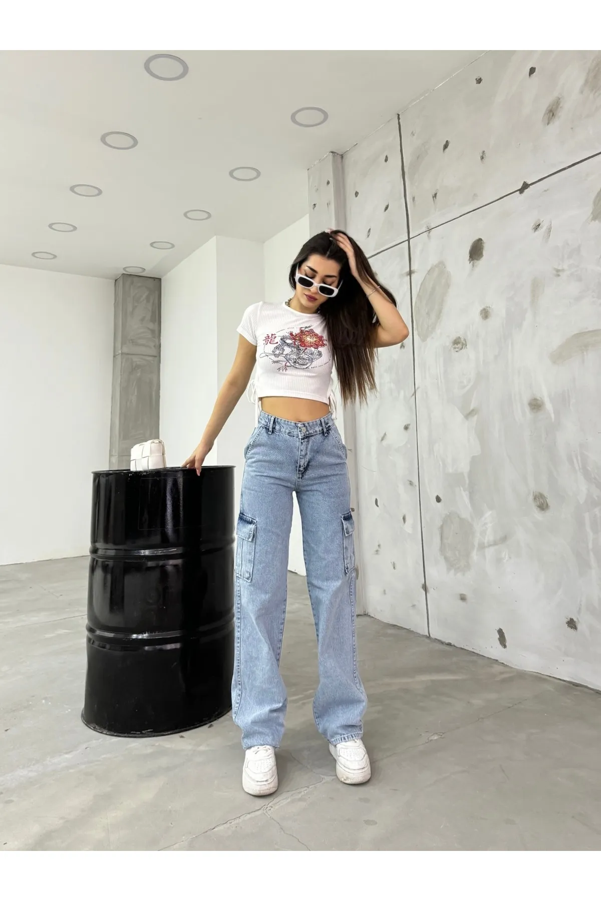 BİKELİFE  Hellblaue Cargohose mit hoher Taille und weitem Bein für Damen