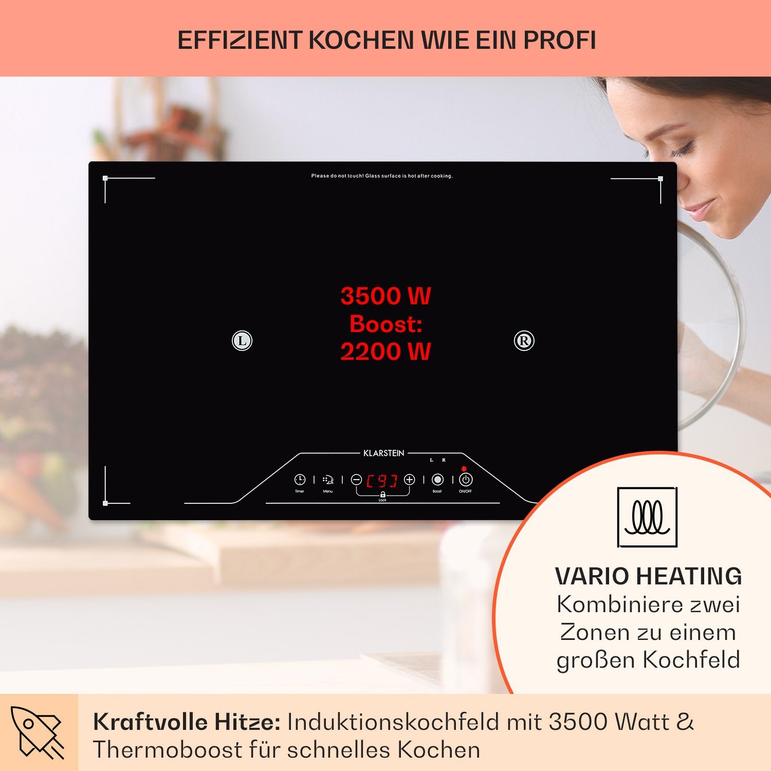 Klarstein Induktions-Kochfeld Deejay Freizonen-Induktionskochfeld 3500 W Glaskeramik Touch schwarz CP5-Deejay, Freizonen Induktionskochfeld Einbau Induktionsherd Kochplatten Herd