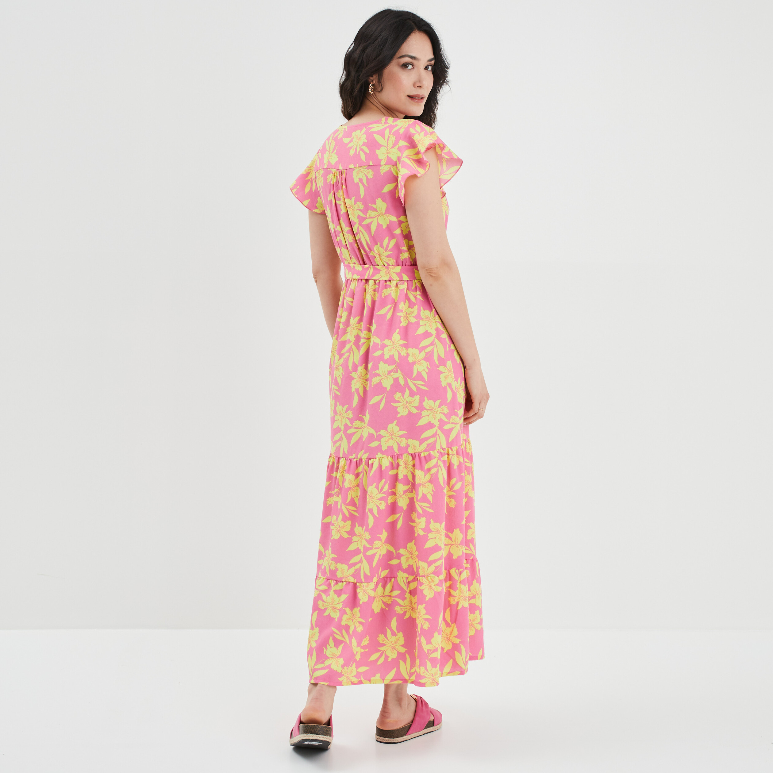 Robe longue évasée volantée Mosquitos rose femme | La Halle