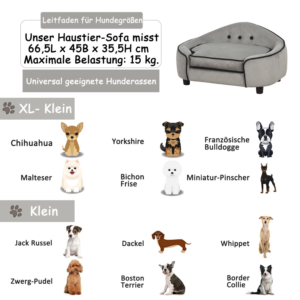 PawHut Haustiersofa, Hundebett, Hundematte, Hundesofa, Naturholz Plüsch, Grau, 66,5 x 45 x 35,5 cm
