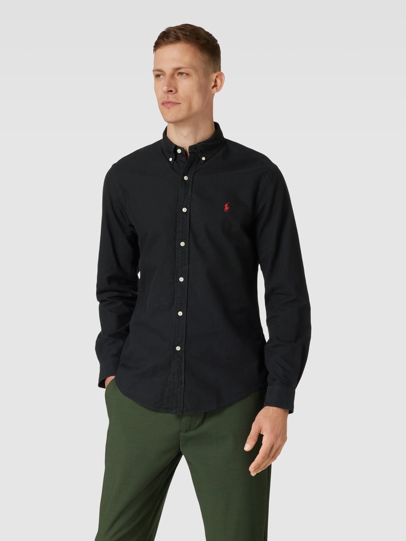 Slim Fit Freizeithemd mit Label-Stitching in schwarz
