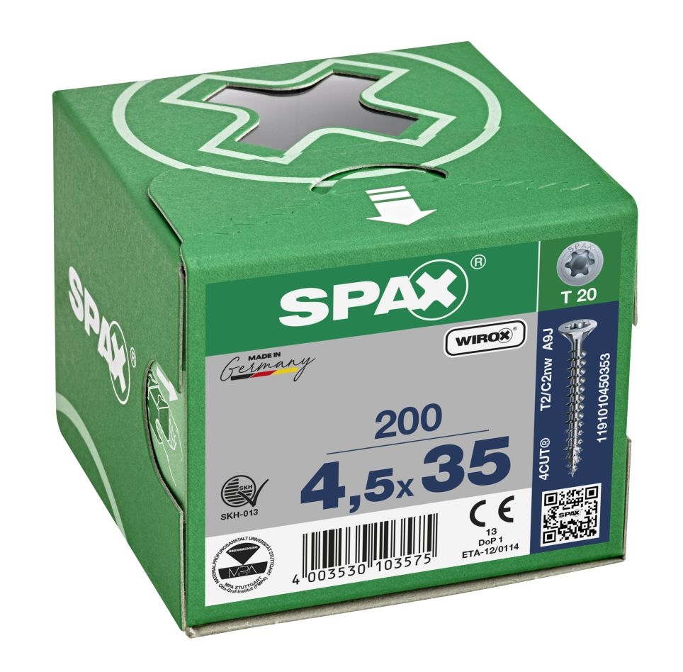 SPAX 1191010450353 Универзални вијак 4,5 x 35 мм, Пуни навој, Упуштена глава, T-STAR plus T20 - 200 комада
