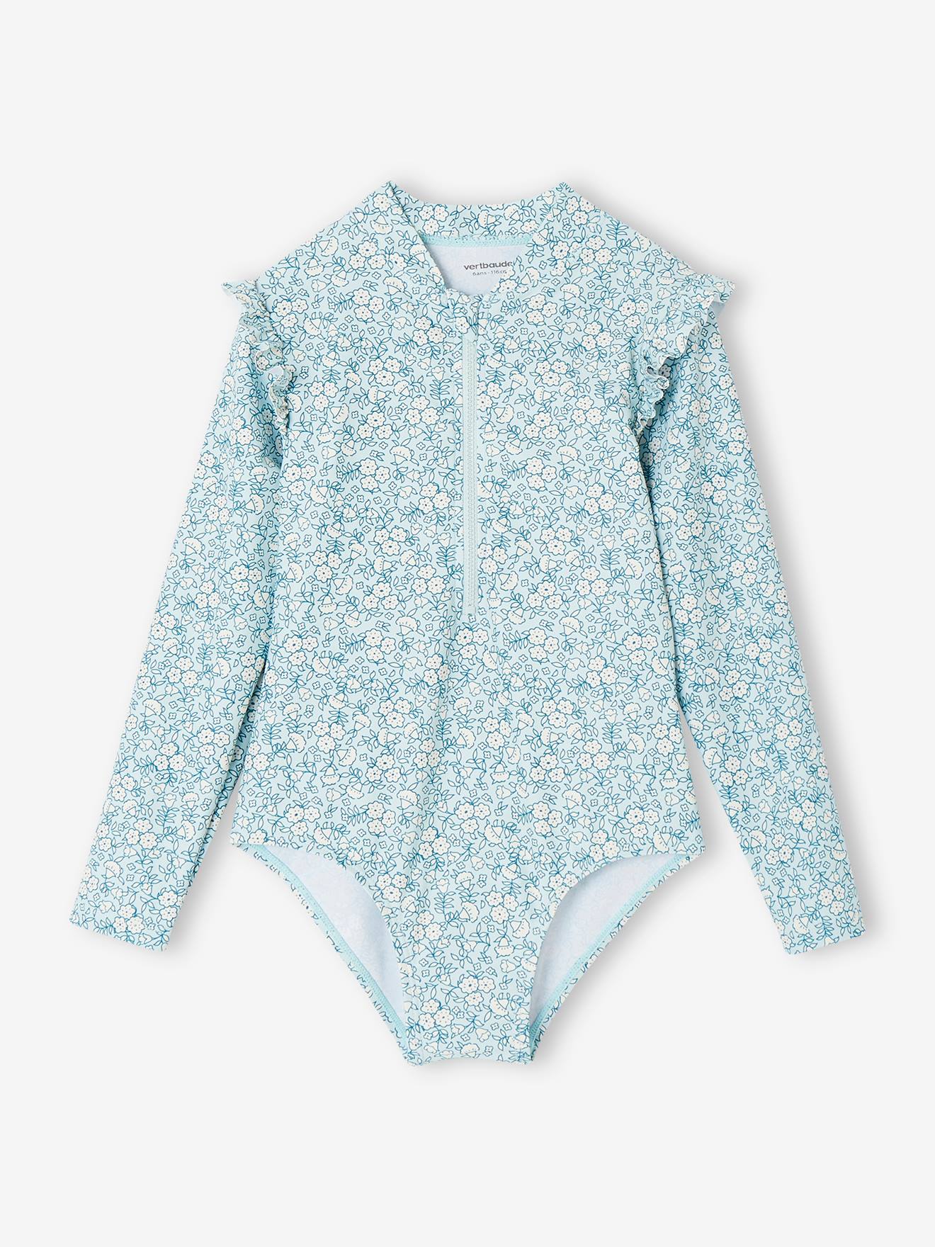 Vertbaudet Langärmeliger Mädchen Badeanzug mit UV-Schutz Oeko-Tex - graublau